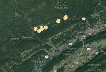 Location of sampling points along Tangascootack Creek are represented with yellow stars.